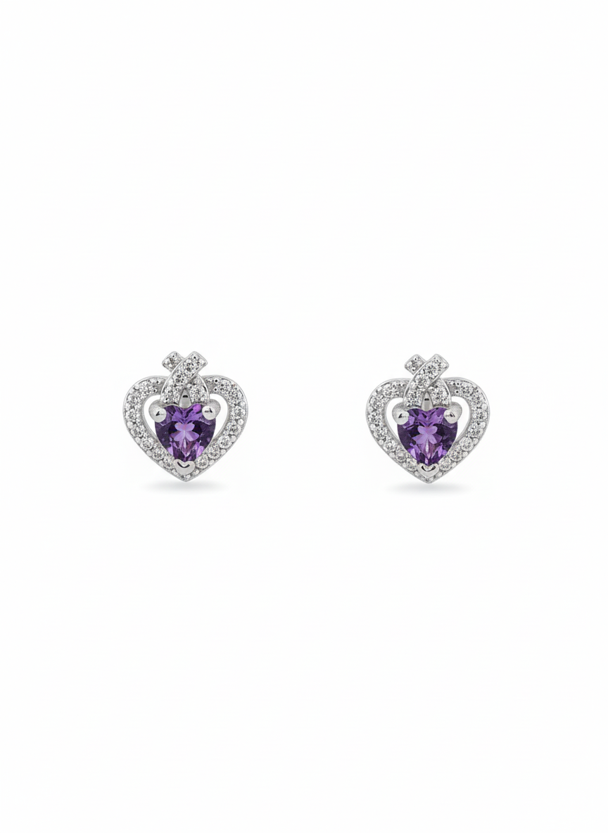 Arete de plata - Corazon morado