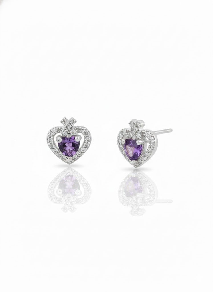 Arete de plata - Corazon morado