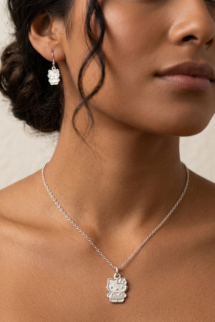 Juego de plata - Kitty con aretes colgantes