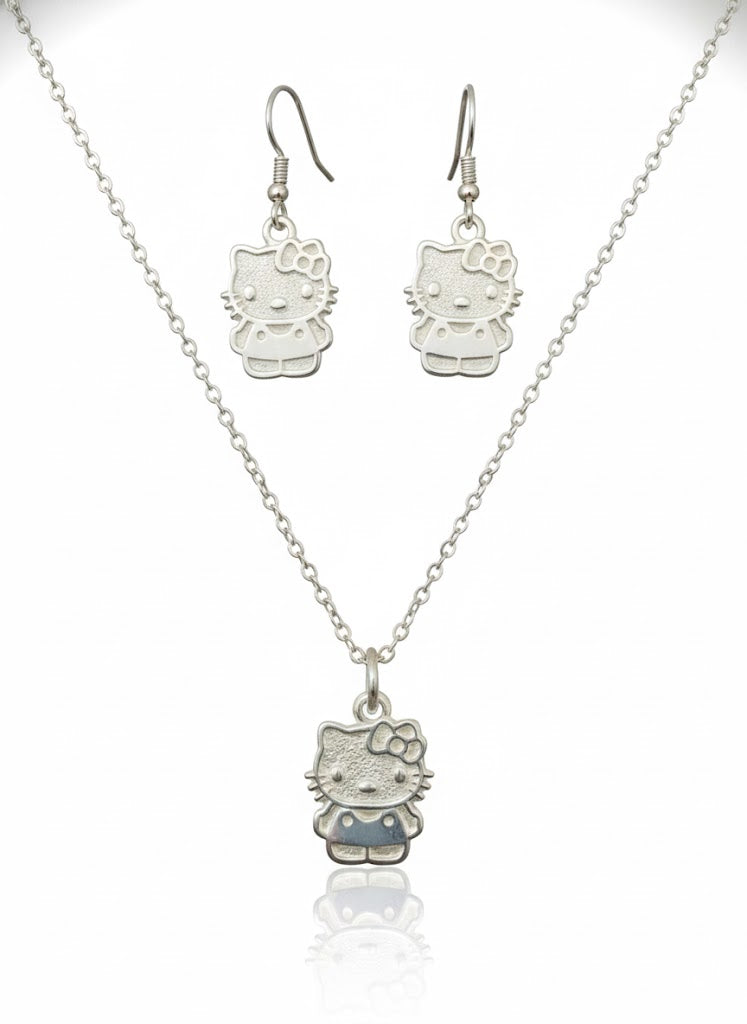 Juego de plata - Kitty con aretes colgantes