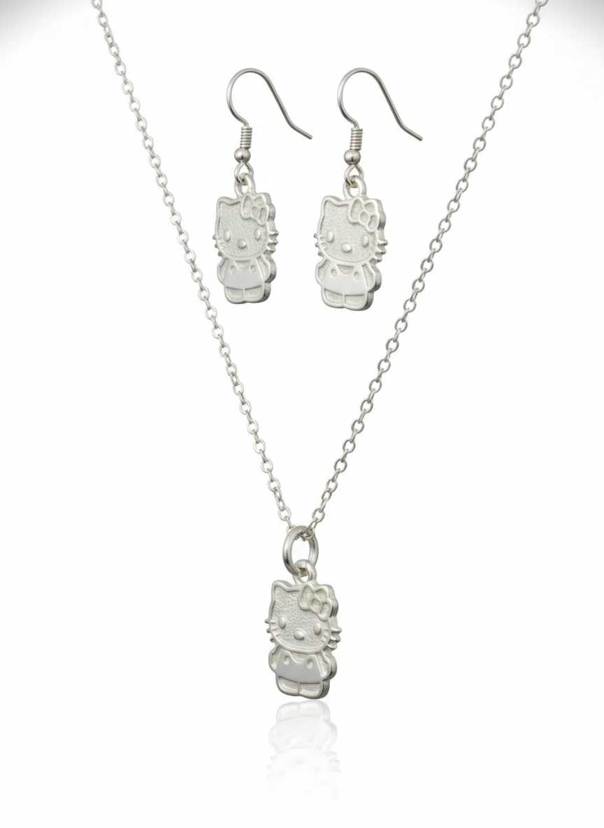 Juego de plata - Kitty con aretes colgantes
